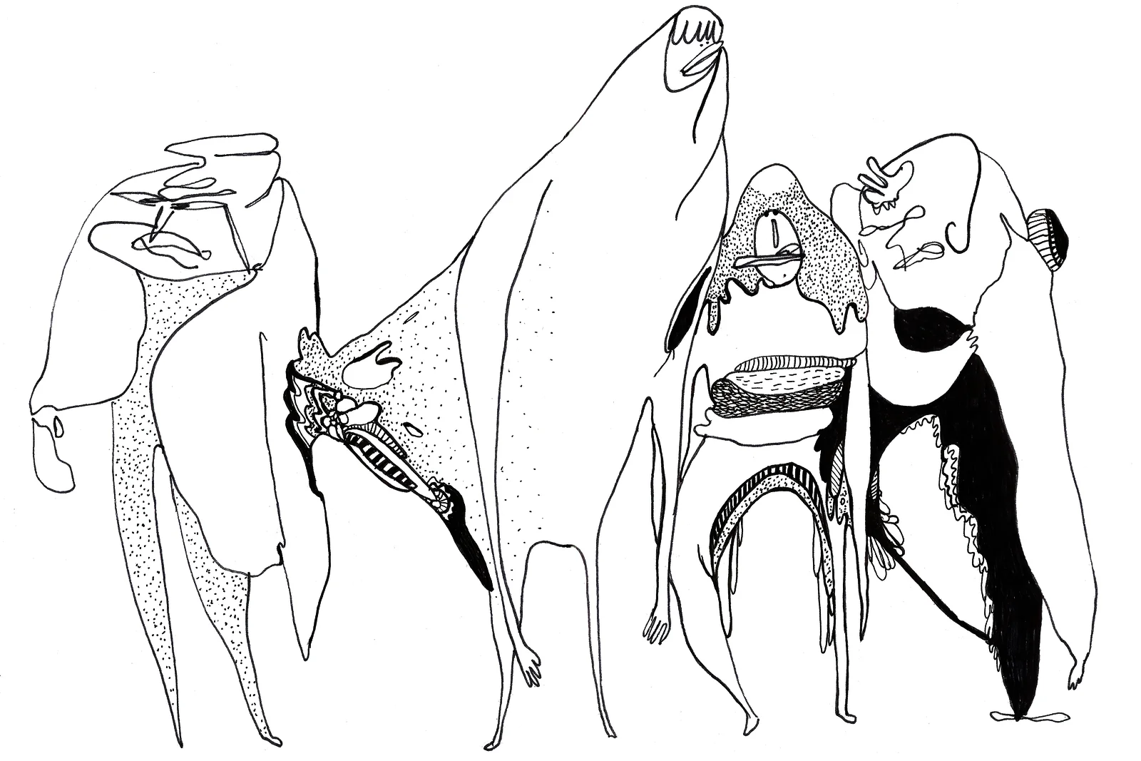 Illustration montrant des créatures hybrides aux têtes coulantes et aux anatomies ouvertes.