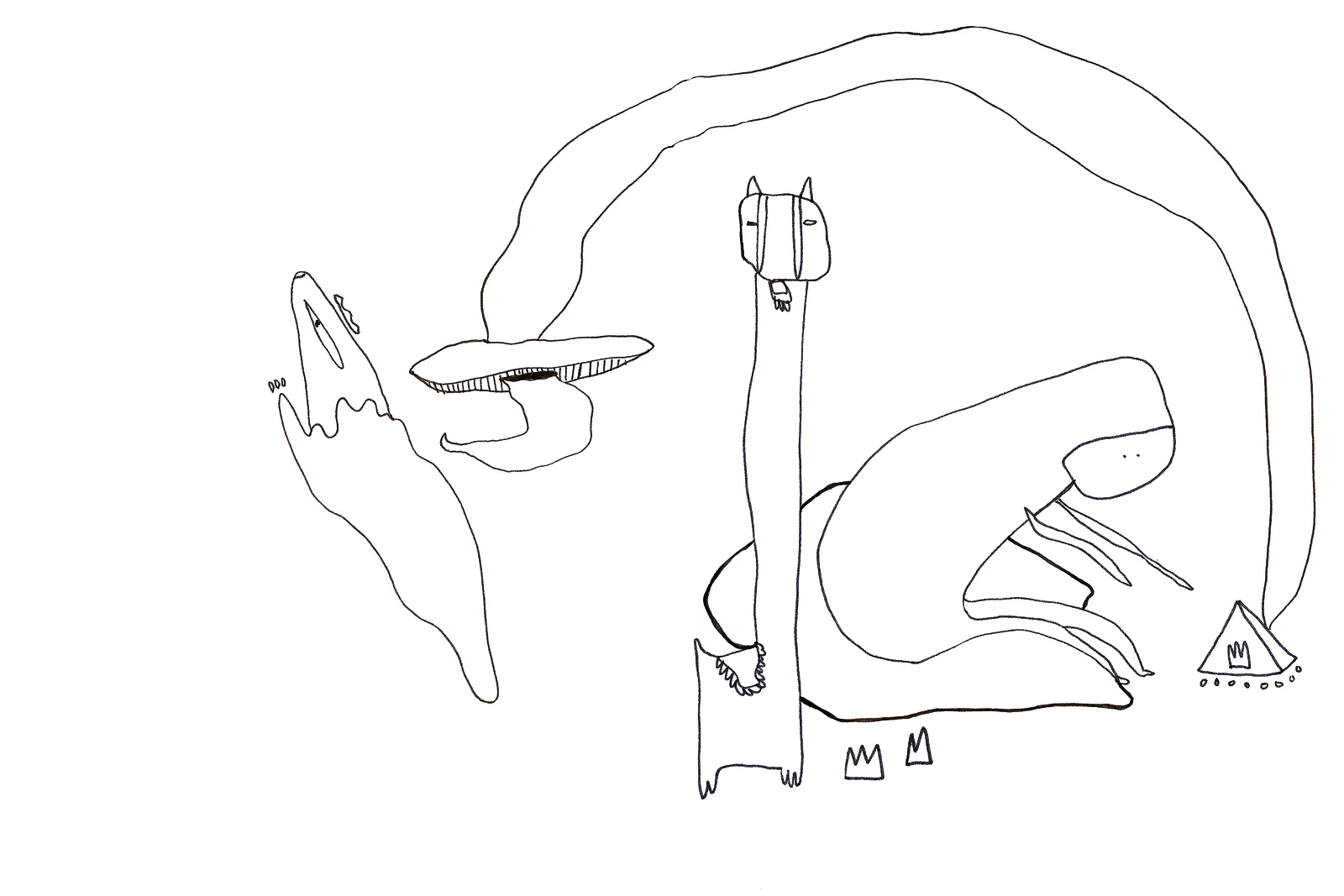 Illustration montrant des figures hybrides dans une scène de danse ou de rituel imaginaire.
