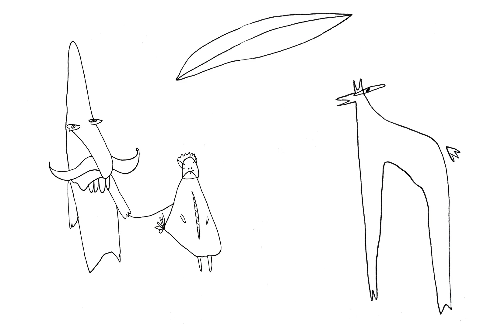 Illustration montrant une figure à long nez tenant un oiseau dans une scène de balade.
