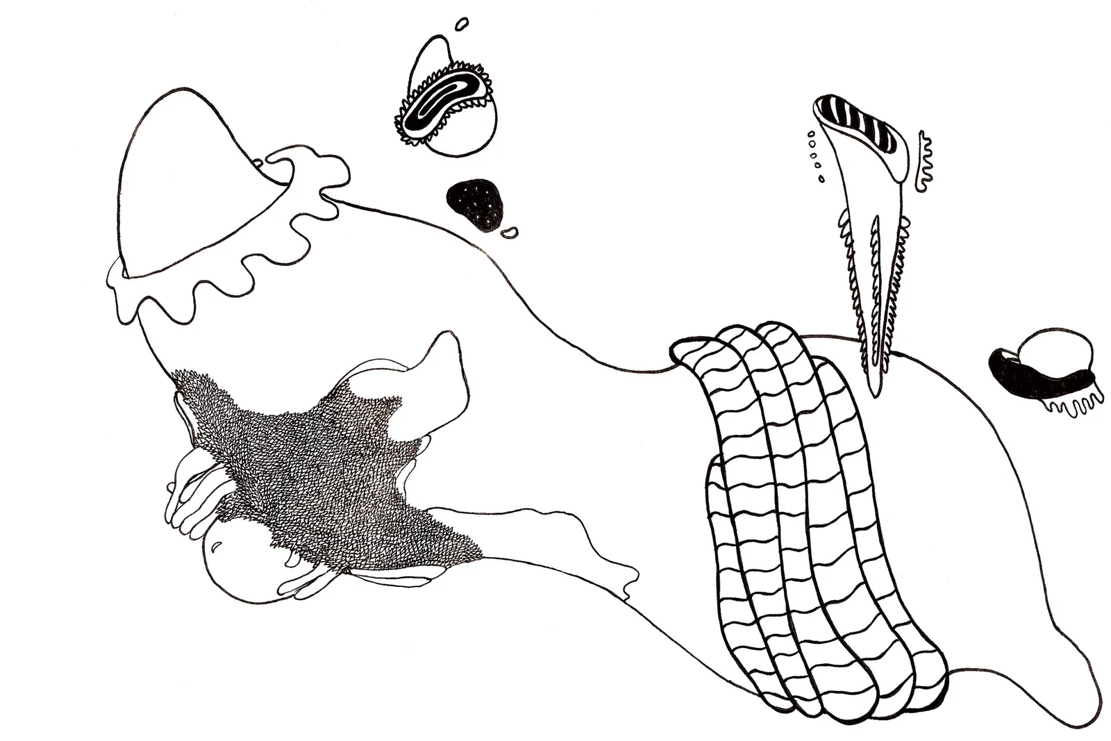 Double page montrant des bulles, des ectoplasmes et des formes flottantes à l'encre.