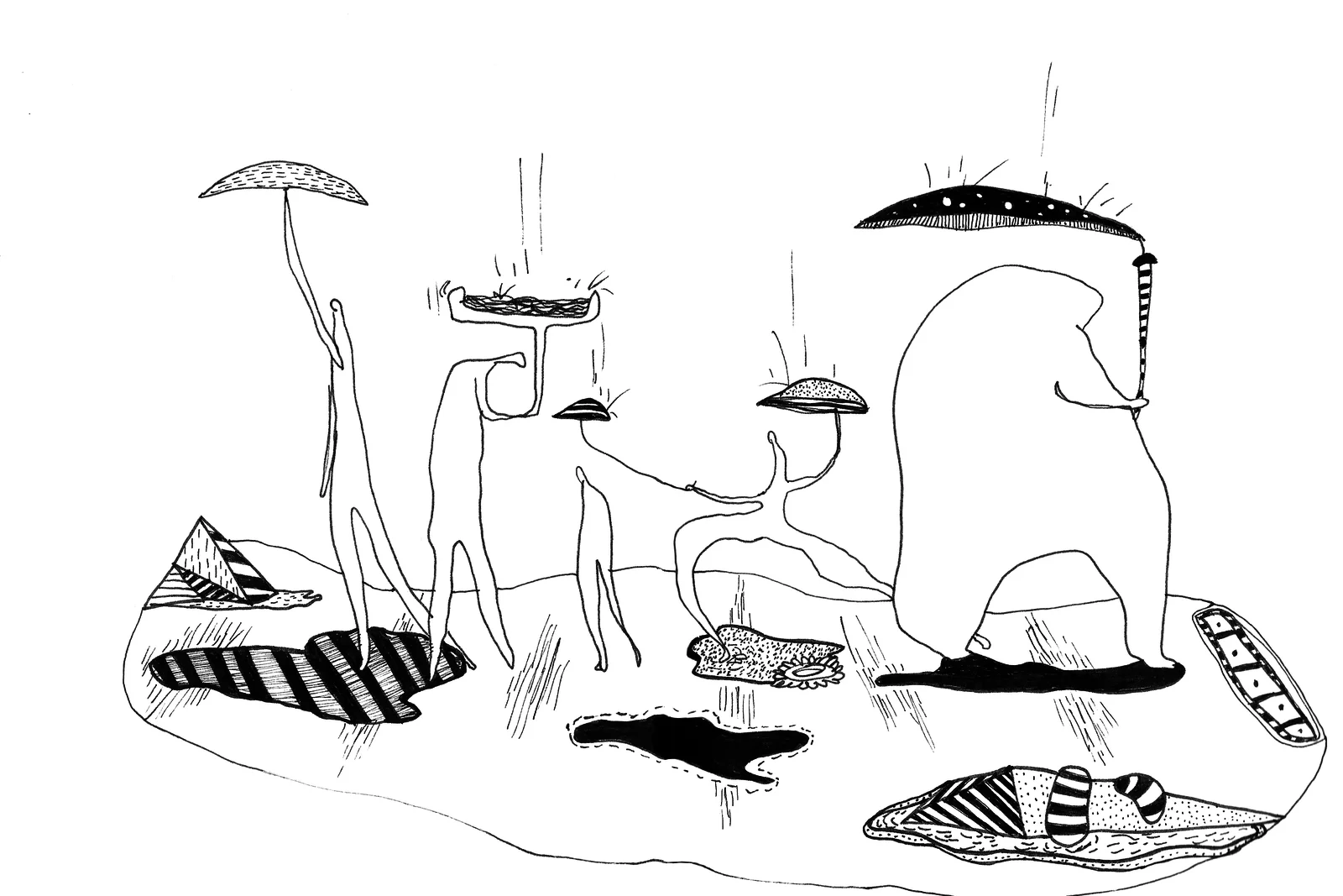 Double page montrant un cortège de figures longilignes portant des ombrelles ou des champignons.