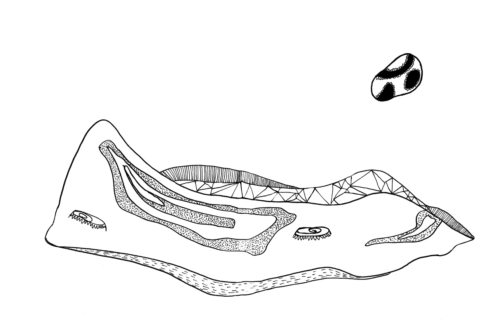 Double page montrant un désert de sable mouvant avec une grande créature-radeau et une forme flottante.