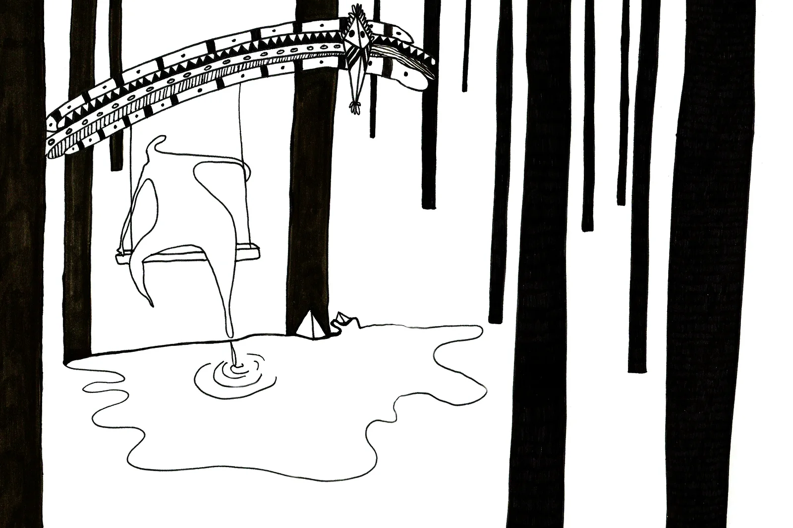 Double page montrant une forêt liquide et des formes organiques en mouvement.