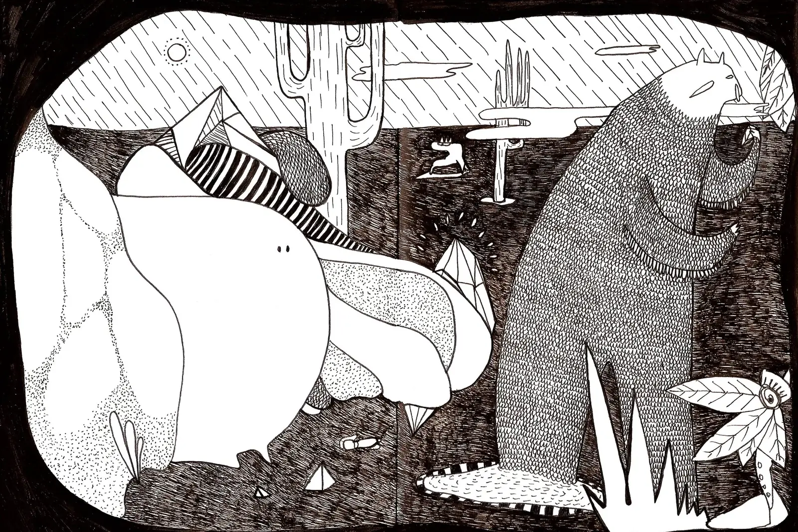 Illustration montrant une figure au milieu d'une jungle imaginaire peuplée de créatures.