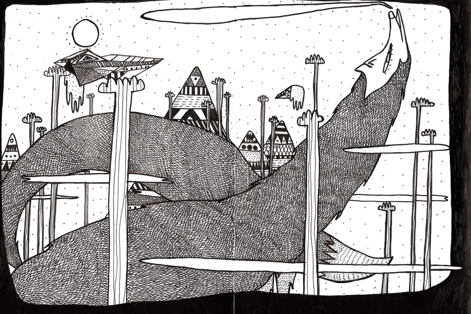 Illustration montrant une forme allongée parmi des totems et de petites tentes sous la lune.