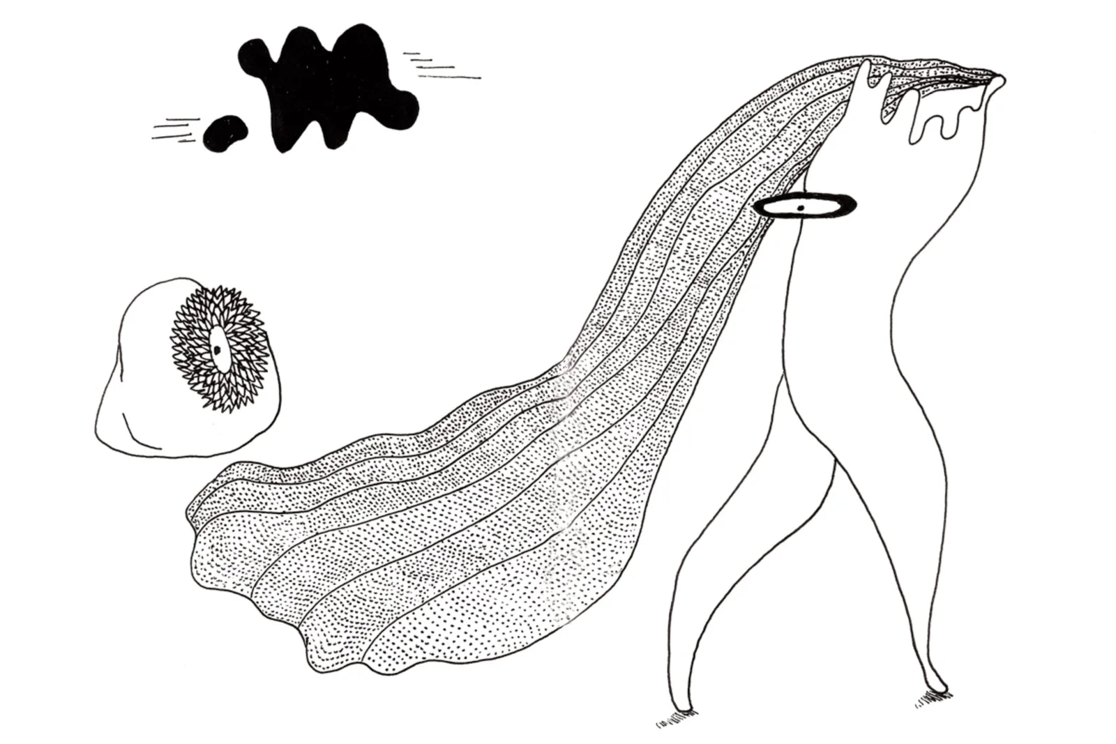 Illustration montrant une figure longiligne avec une longue traîne pointillée.