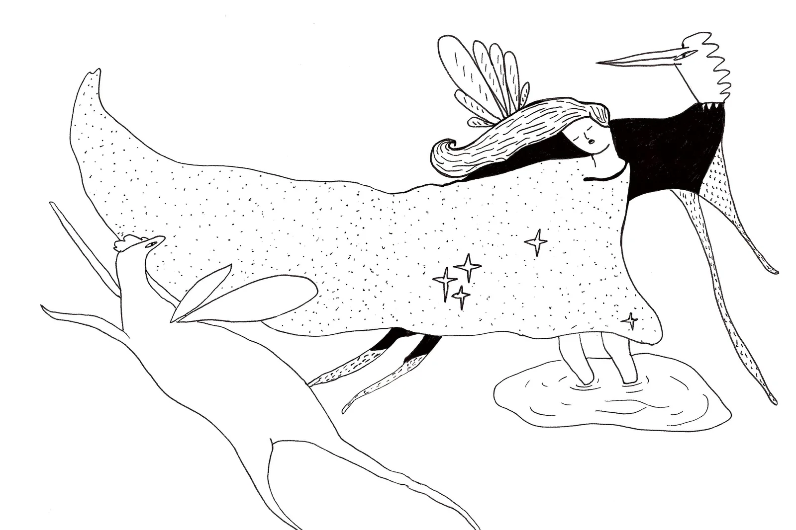 Illustration montrant une muse et des créatures oniriques dessinées à l'encre.