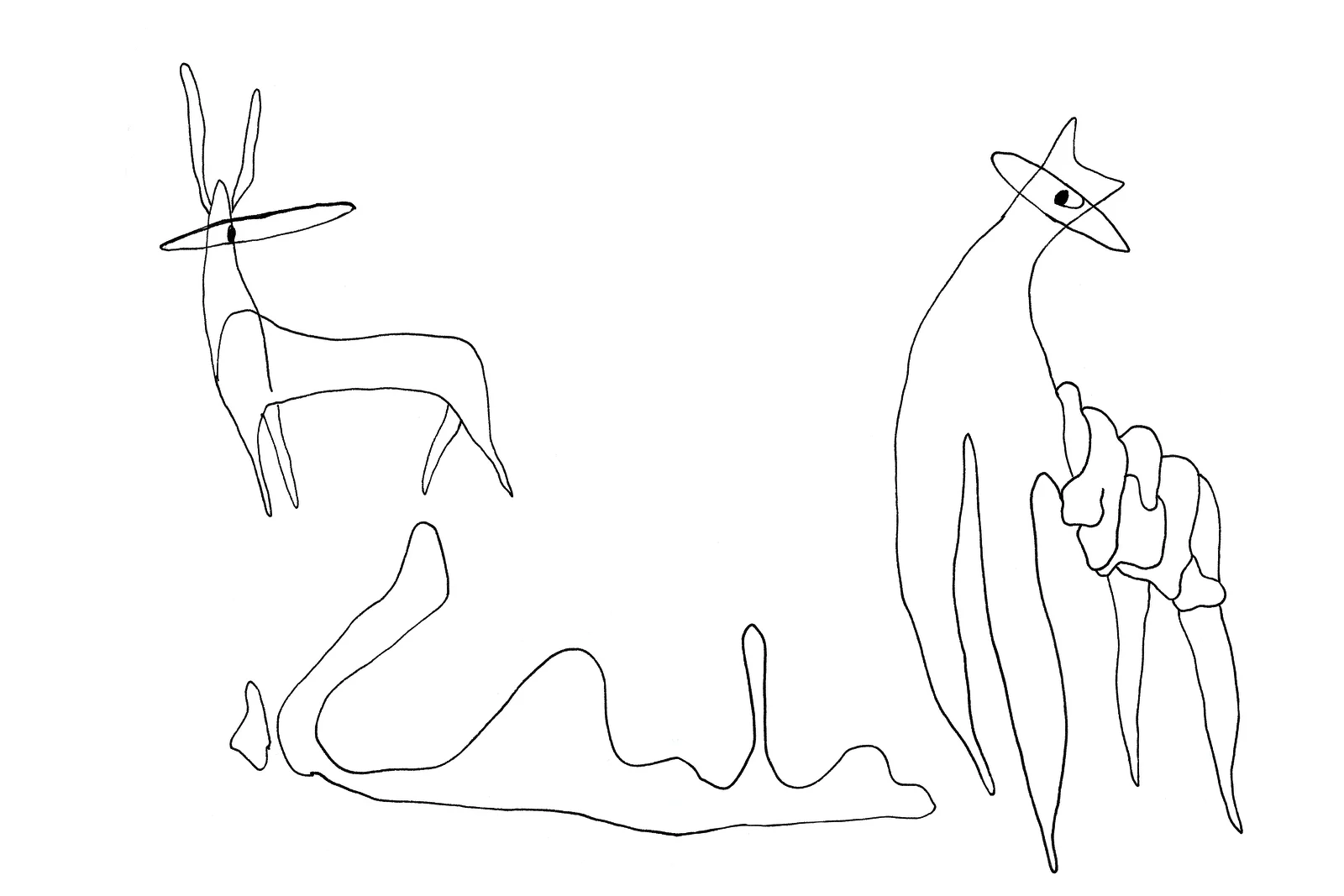 Illustration montrant des regards animaliers et des formes en métamorphose.