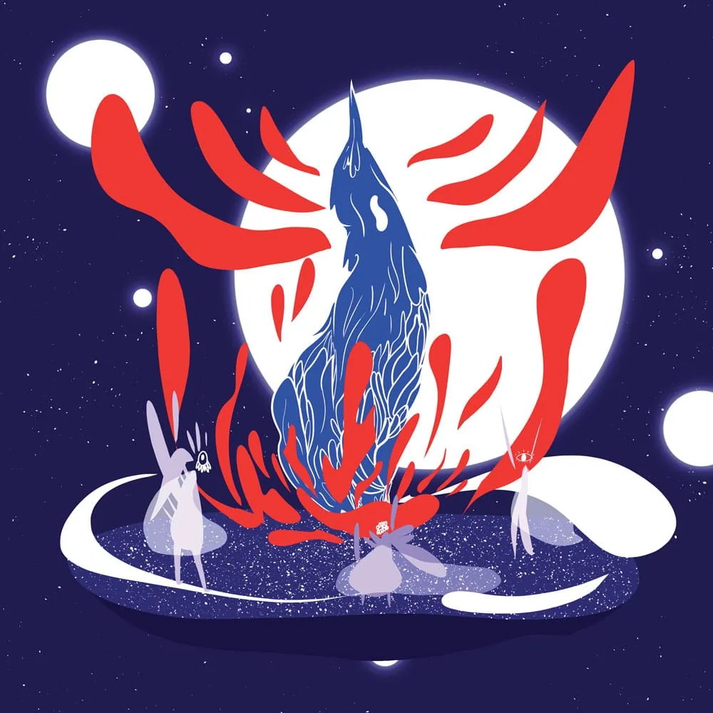 Illustration numérique : une créature bleue dressée dans un feu rouge, au centre d'un plateau étoilé, sous une pleine lune blanche ; trois petites figures pâles l'entourent.