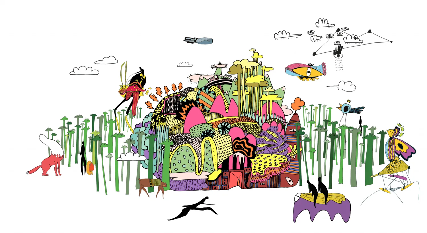 Paysage imaginaire peuplé de créatures, de végétation et d'architectures organiques colorées