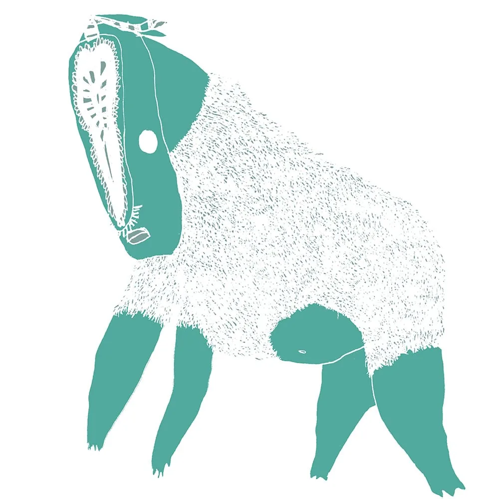 Créature pâle turquoise et blanche au pelage hirsute — dessin de FREDC