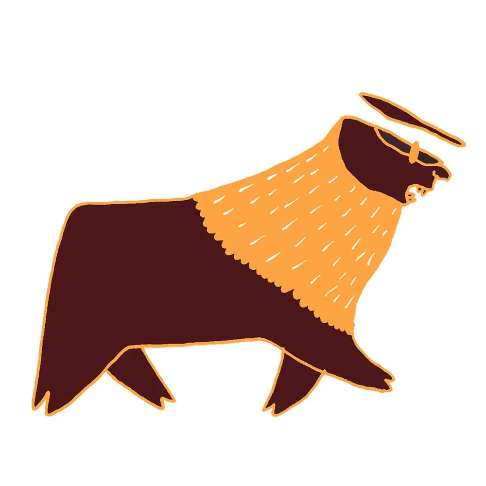 Bête sombre à corps orange et cornes, entre taureau et bison — dessin de FREDC