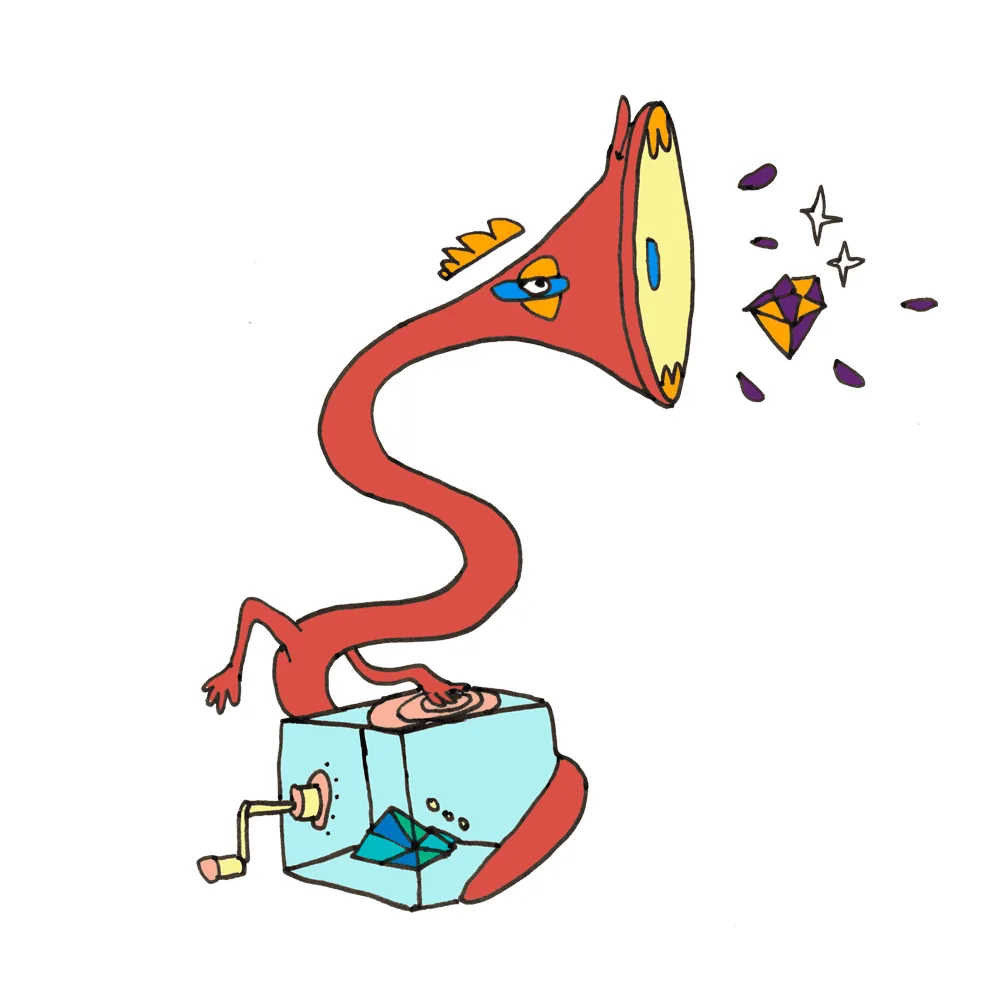 Créature-gramophone au pavillon rouge posée sur une boîte bleue — FREDC