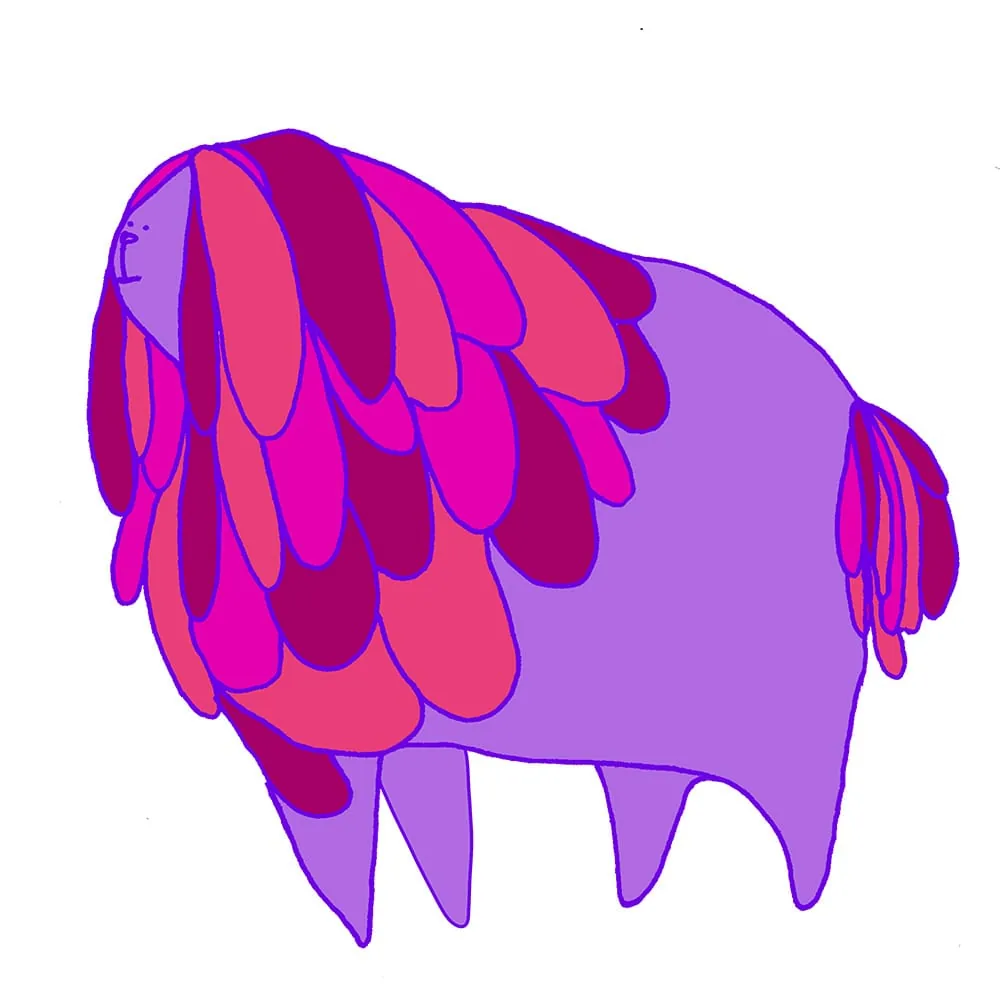 Créature violette au corps couvert d'écailles-plumes roses, hybride entre lion et chien — FREDC
