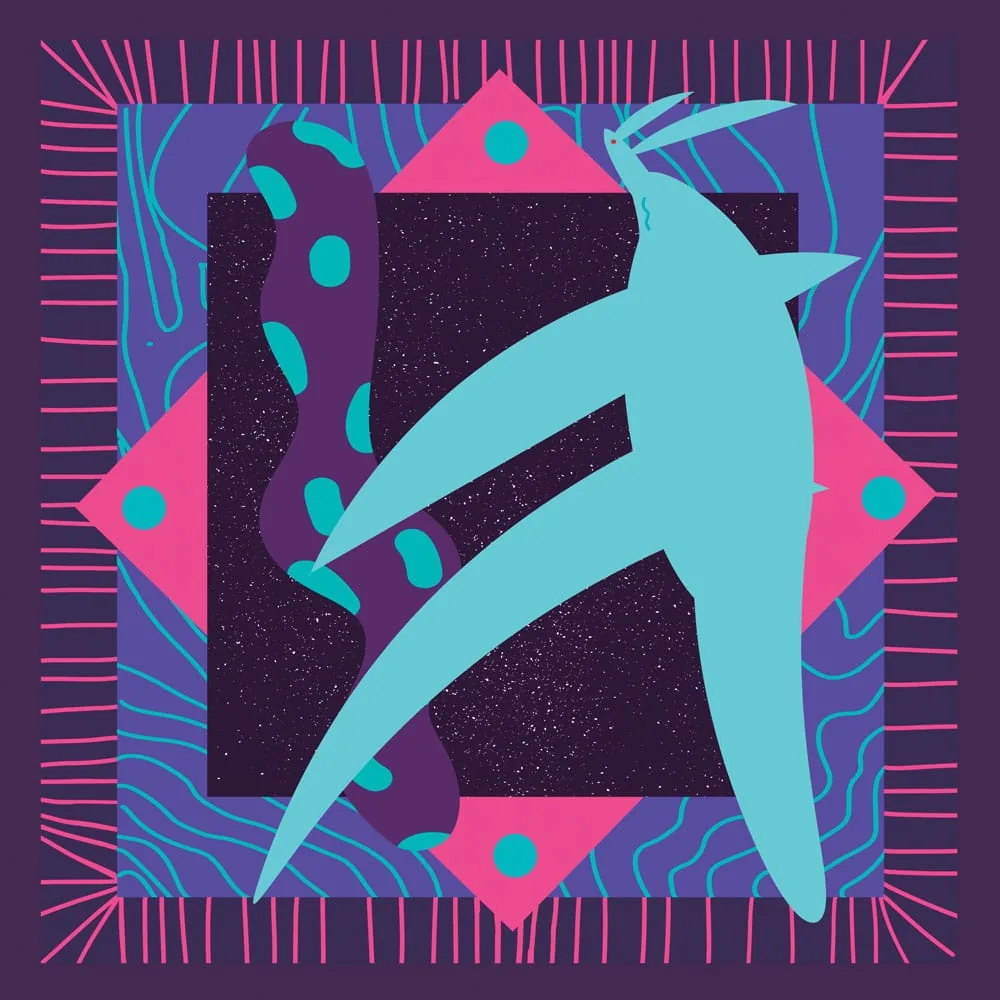 Silhouette turquoise traversant une architecture violette et rose