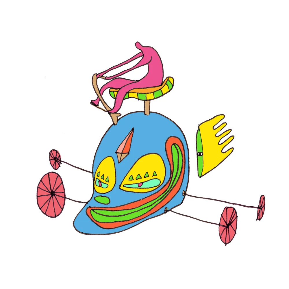 Oiseau-machine coloré monté sur roues, contraption imaginaire — FREDC