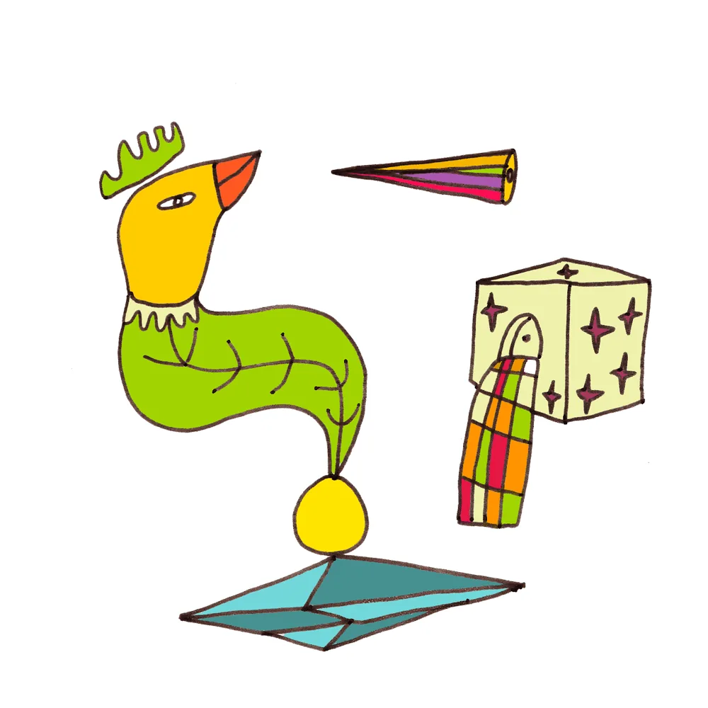 Oiseau jaune près d'un ver et d'un cube à motifs — composition de FREDC