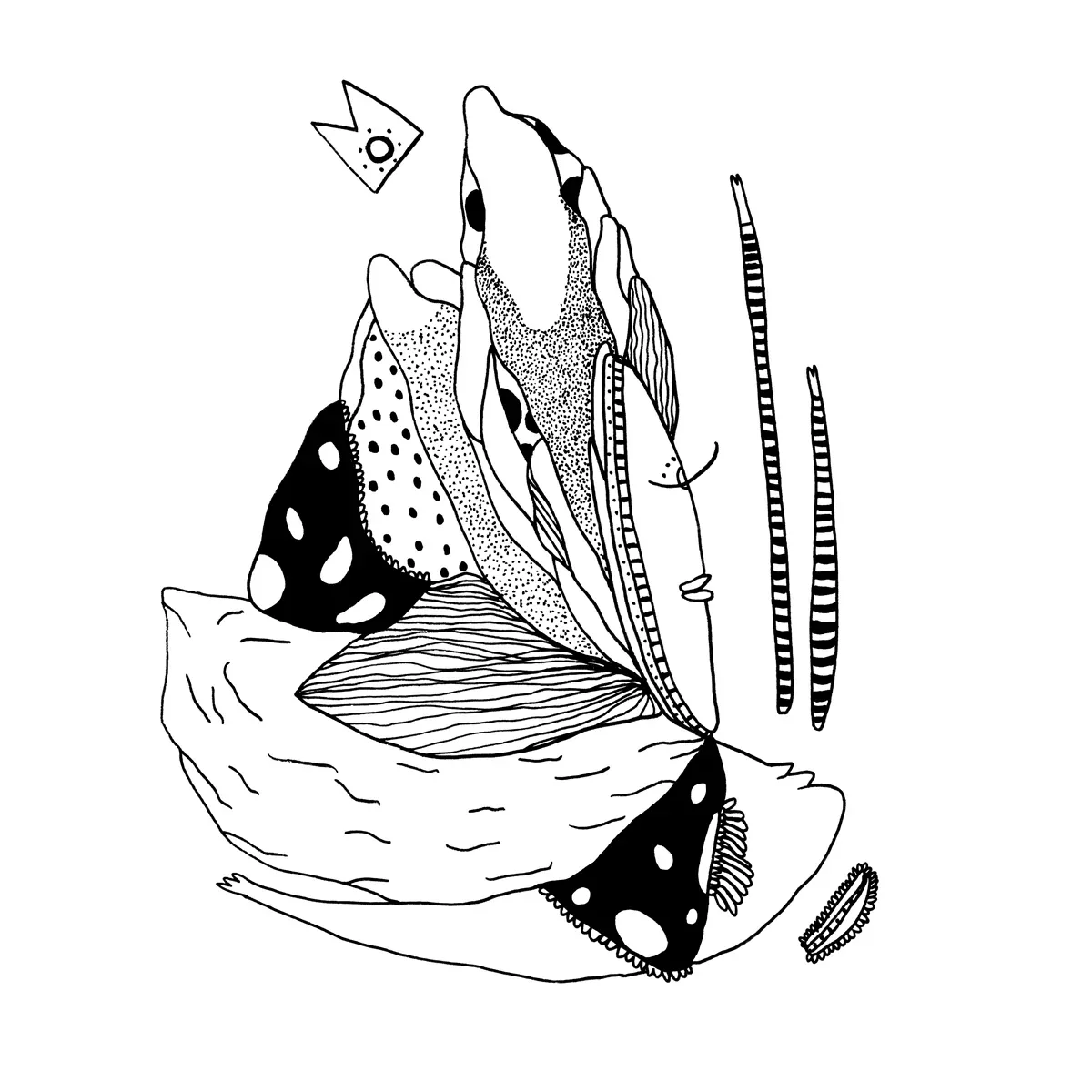 Figure ailée à motifs de pois et de rayures, coiffée d'une petite couronne, encre noire sur fond blanc
