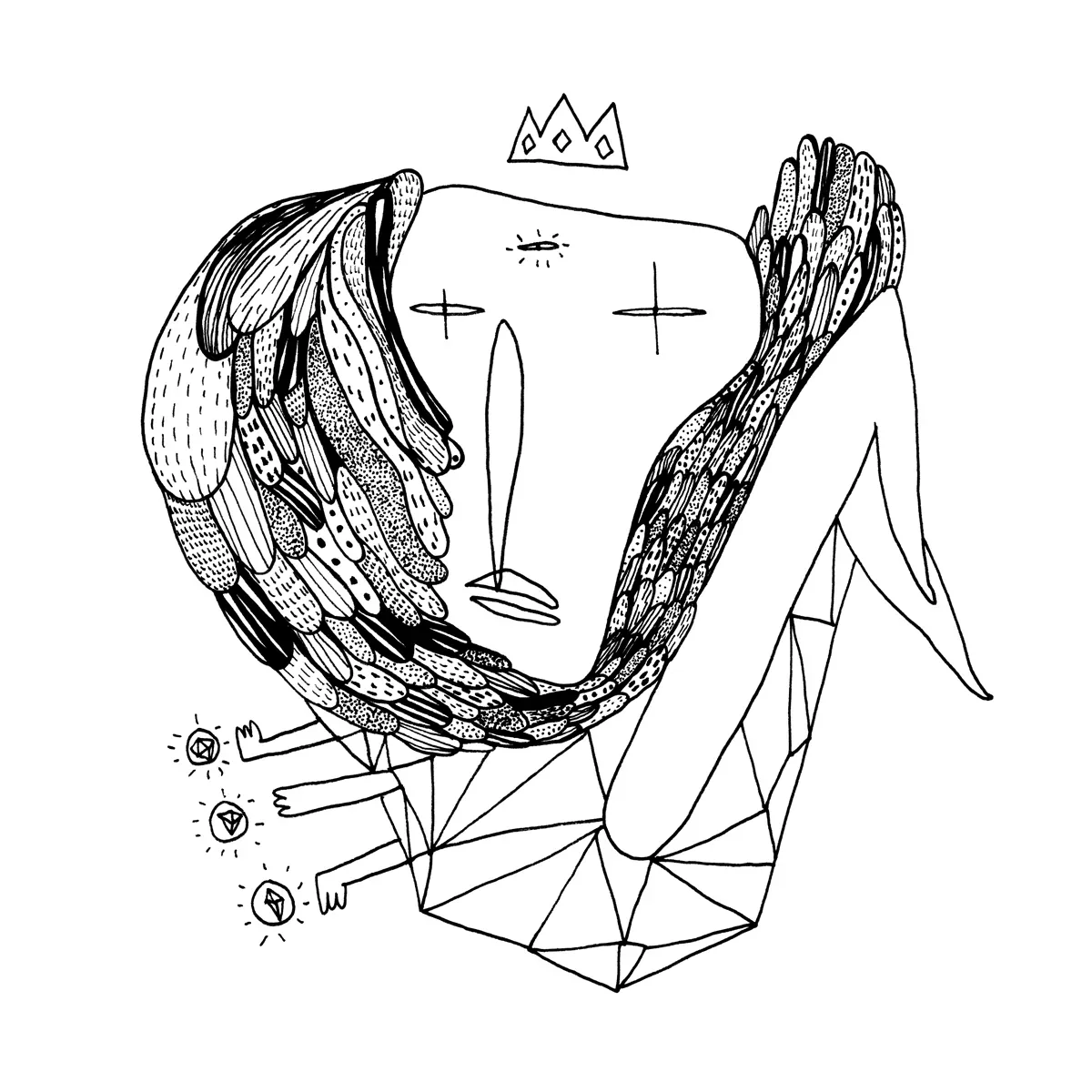 Figure couronnée aux longues mains, corps couvert de plumes hachurées et de facettes géométriques, encre noire sur fond blanc