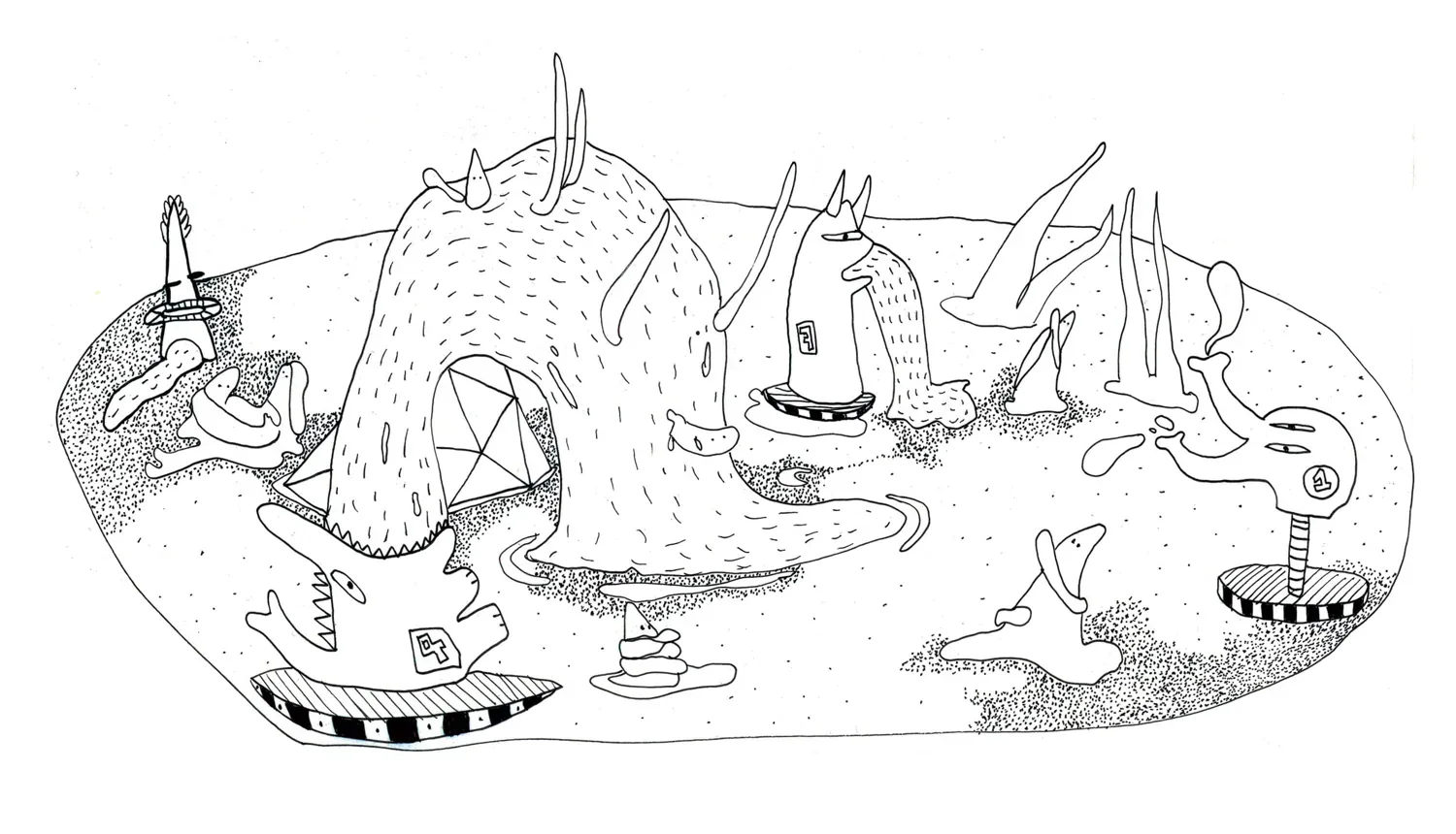 Île ovale en pointillé peuplée de reliefs, de créatures et de petites architectures, encre noire sur fond blanc