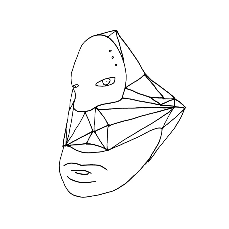 Visage anguleux composé de triangles, un œil ouvert et une bouche esquissée, trait noir sur fond blanc