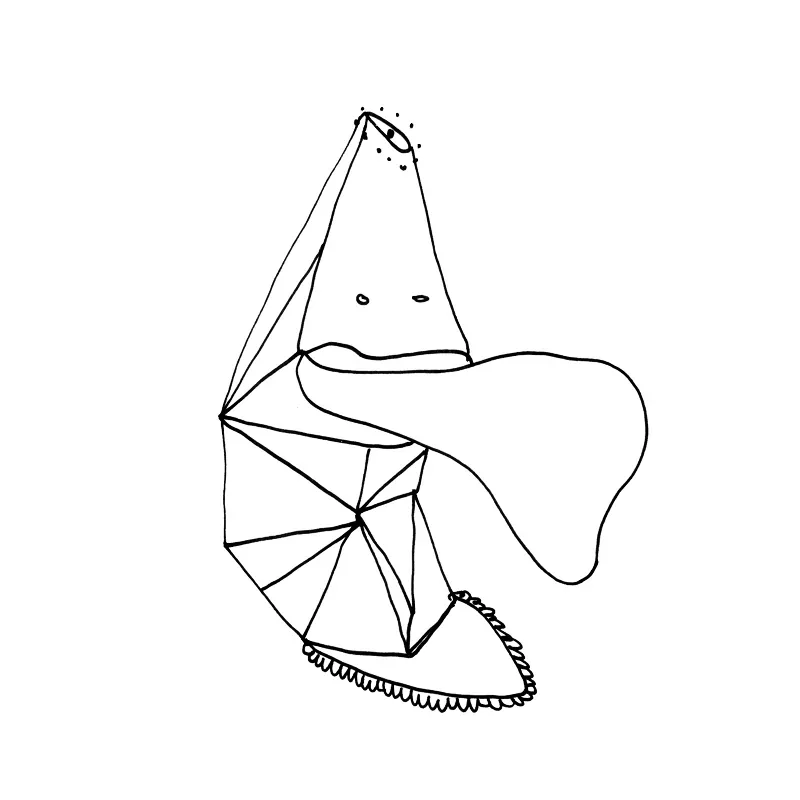 Tête conique à deux yeux posée sur un empilement de facettes triangulaires, dessin au trait noir sur fond blanc