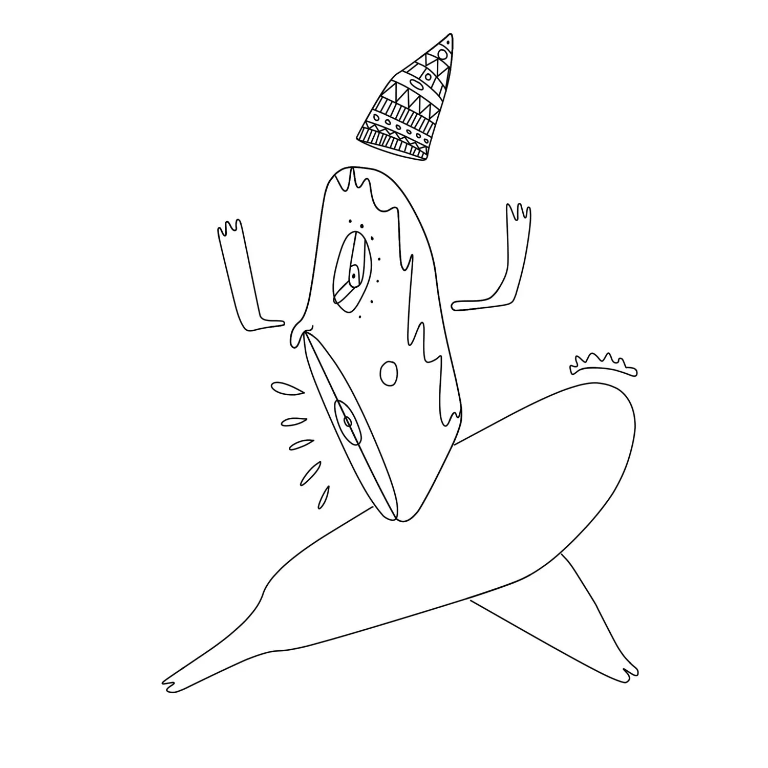 Personnage au chapeau conique basculant en arrière, jambes croisées en l'air, trait noir sur fond blanc
