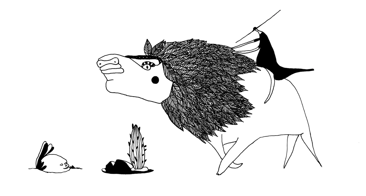 Sanglier hirsute en pleine course, un oiseau tombé et une touffe de végétation, sérigraphie noire sur fond blanc