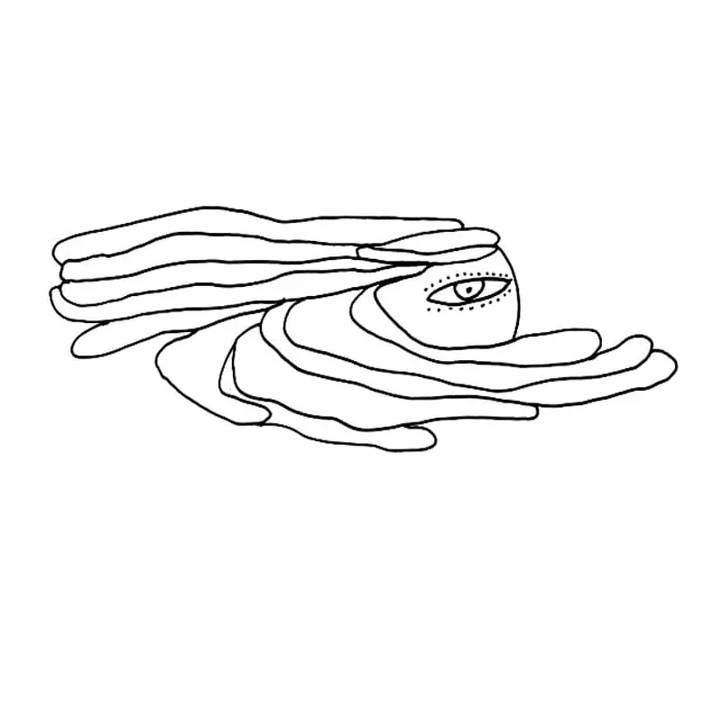 Bandes horizontales empilées en forme de profils, traversées par un œil ouvert, trait noir sur fond blanc