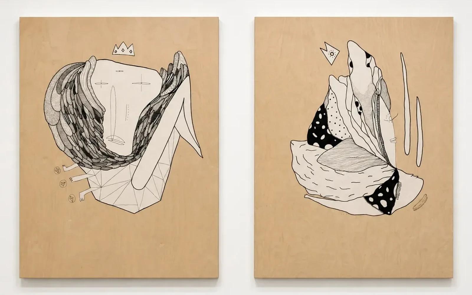 KARMA — ANIMUS et ANIMA, deux dessins à l’encre sur contreplaqué de Frédéric Cordier accrochés côte à côte, Fresh Paint Gallery, Montréal, 2014. Restitution numérique.