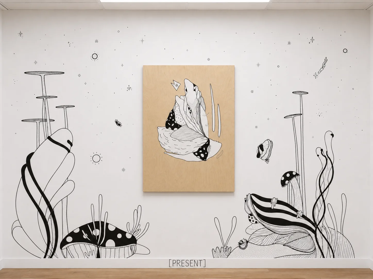 Mur du présent, côté opposé : le panneau ANIMA accroché au-dessus d'un fond marin dessiné — algues, champignons, coquillages — le mot PRESENT sur la plinthe