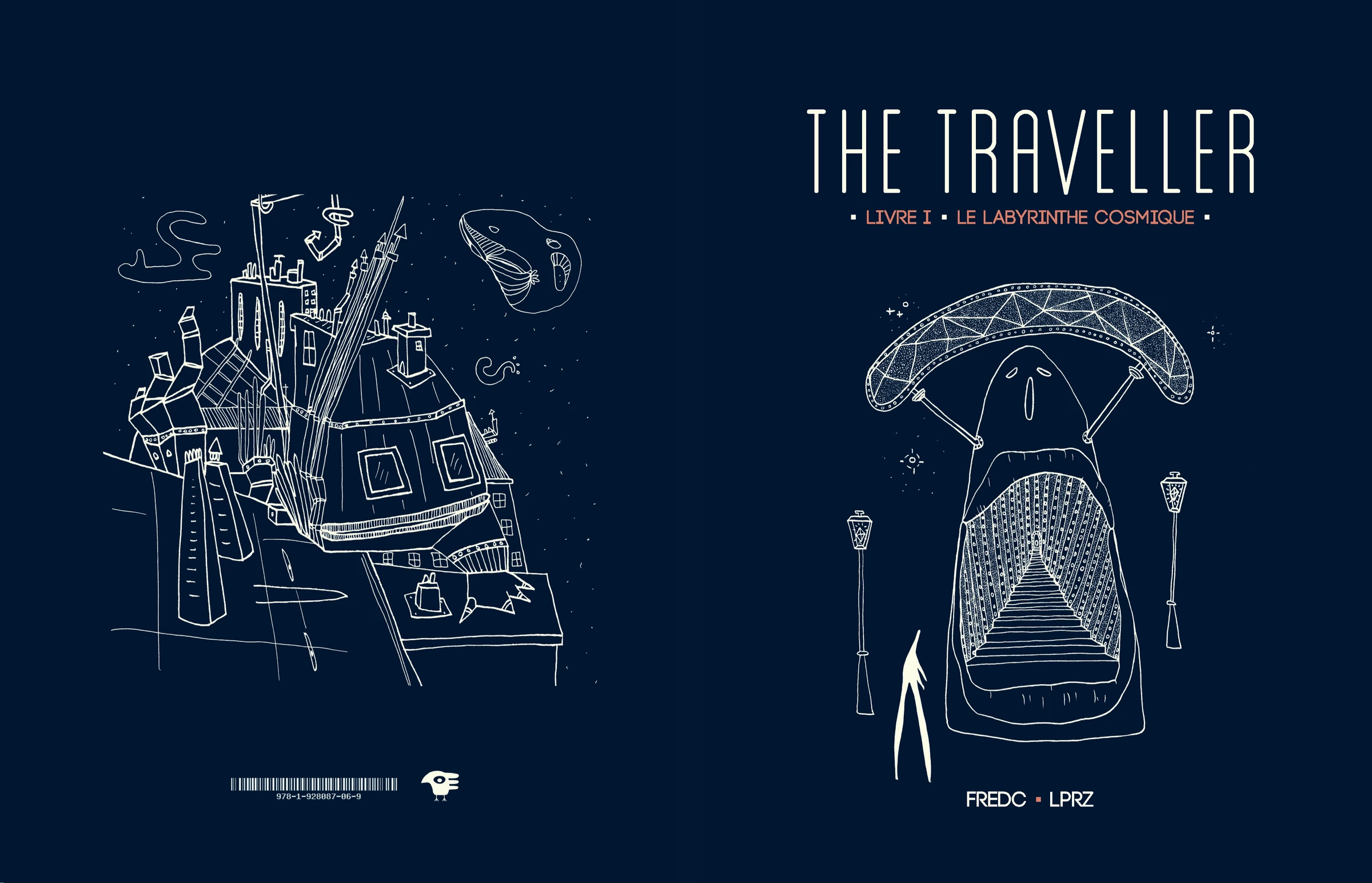 The Traveller I — couverture déployée : une cité flottante et un voyageur, ligne blanche sur bleu nuit