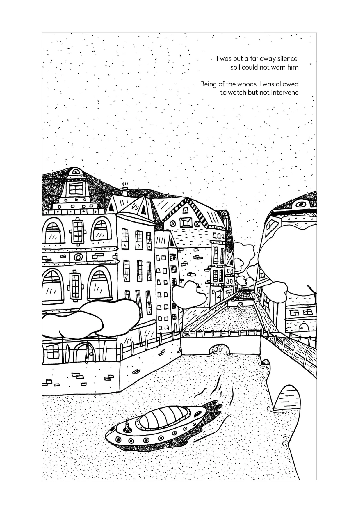 Page intérieure montrant une figure double ou créature-reflet dans un espace dessiné à l'encre.